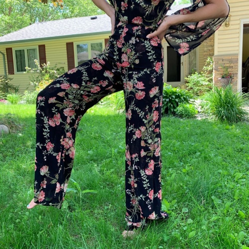 Reformation Black Floral Open Back Jumpsuit, Boatneck,Slit Sleeves,made in USA,0 - Picture 8 of 11